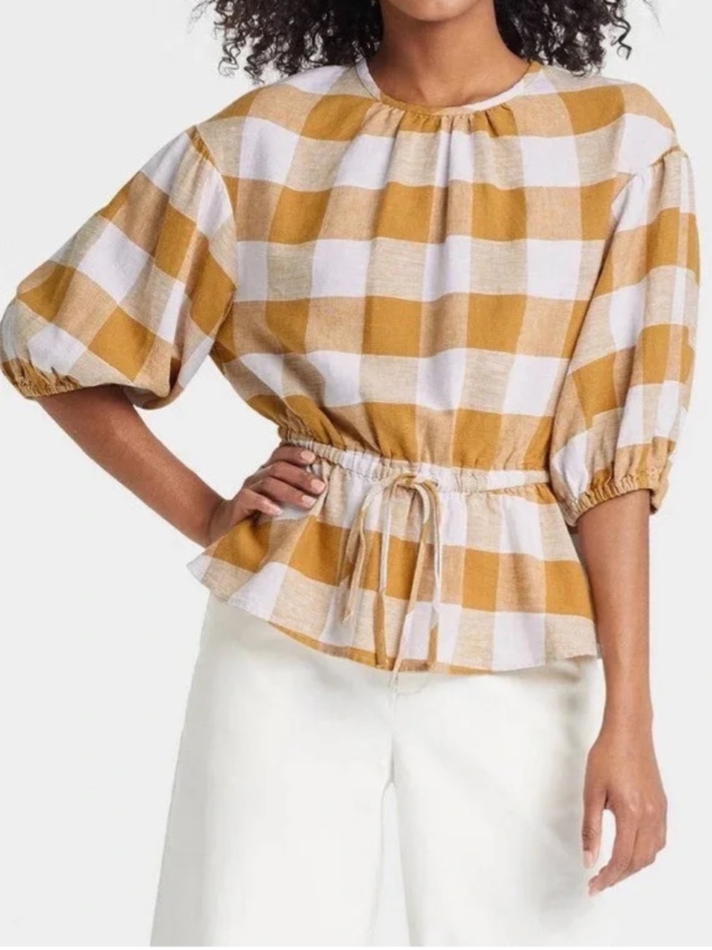 Who What Wear Mustard and White Gingham Puff-Sleeve Drawstring Top Size M